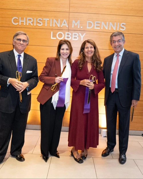From left: Chair NYU Trustees Evan Chesler, NYU President Linda Mills, Christina Dennis (BS ‘80), NYU Stern Dean Anand Bharat