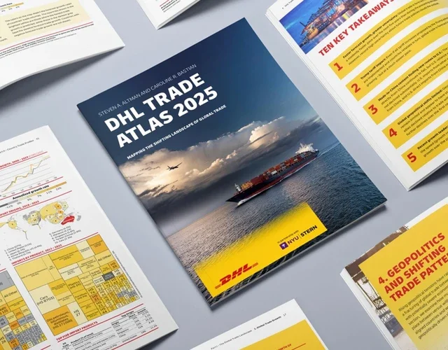 A picture showing multiple copies of the DHL Trade Atlas 2025. In the foreground there is a copy with the cover visible. Other copies are open to different pages of the report.