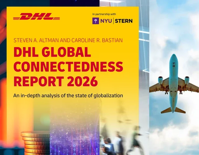 The cover of the DHL Global Connectedness Report 2026: An in-depth analysis of the state of globalization. The cover features four panels arranged horizontally: (1) two stacks of coins; (2) a timelapse photo of break lights with digits superimposed; (3) a blurred image of people walking away from the viewer; (4) a large container ship and a jet airplane above