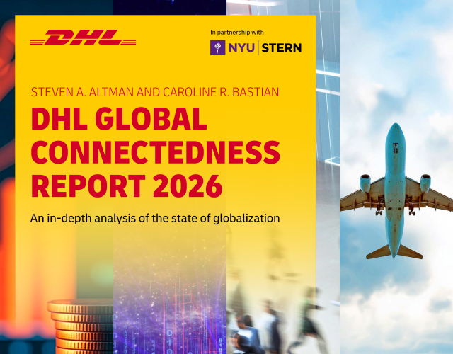 The cover of the DHL Global Connectedness Report 2026: An in-depth analysis of the state of globalization. The cover features four panels arranged horizontally: (1) two stacks of coins; (2) a timelapse photo of break lights with digits superimposed; (3) a blurred image of people walking away from the viewer; (4) a large container ship and a jet airplane above