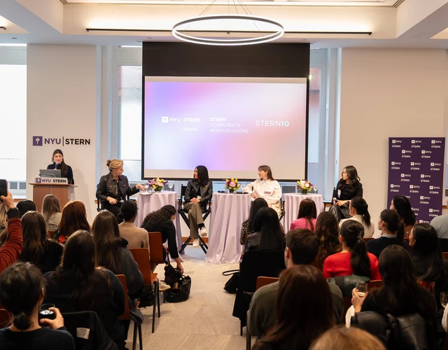  Stern 10, in collaboration with Stern Corporate Ambassadors, hosted a panel discussion on the business of luxury, moderated by Professor Thomaï Serdari and featuring Shimul Varghese (MBA ’10), Allison Zlotnick (MBA ’23), and Bonnie Jensen (MBA ’25)