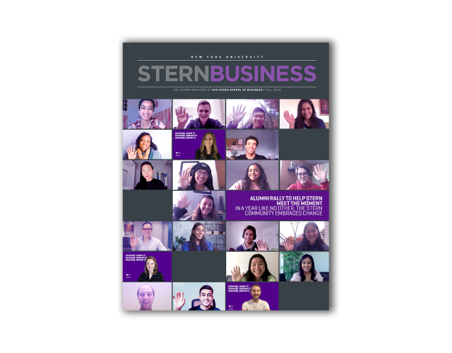 Fall 2020 SternBusiness cover People waving and smiling on Zoom screens - cover of fall 2020 magazine