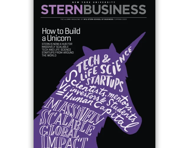 The Fall 2022 cover of Stern Business magazine shows an outline of a purple unicorn with a text overlay