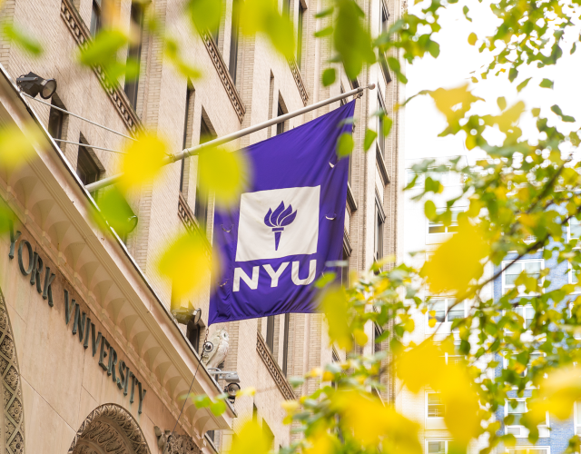 nyu flag outside with tree branches