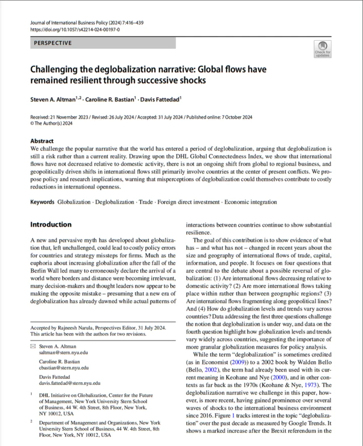 A screenshot of the journal article entitled "Challenging the deglobalization narrative: Global flows have remained resilient through successive shocks"