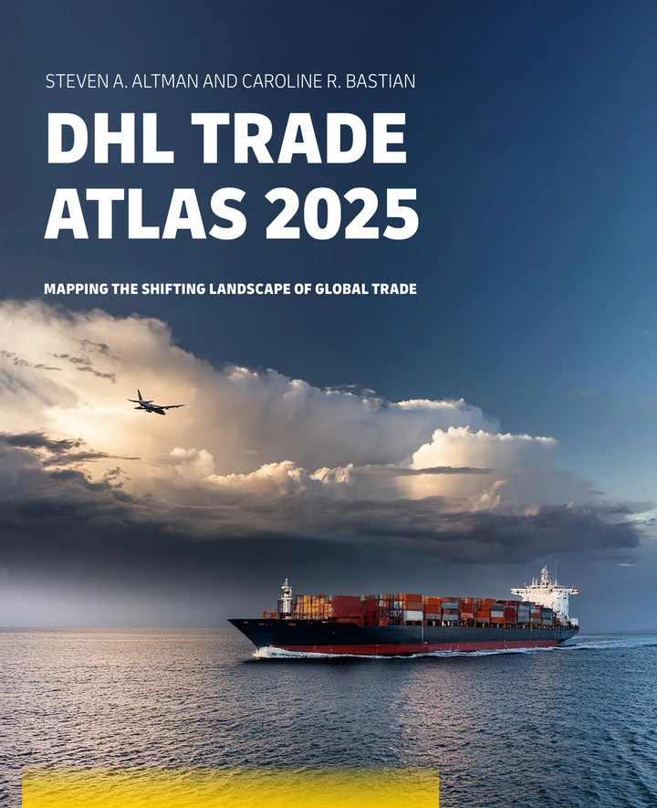 Cover of the DHL Trade Atlas 2025, which features a cargo ship under blue skies, but on a heading toward a storm. An airplane flies above. At the bottom are the DHL and NYU Stern logos.