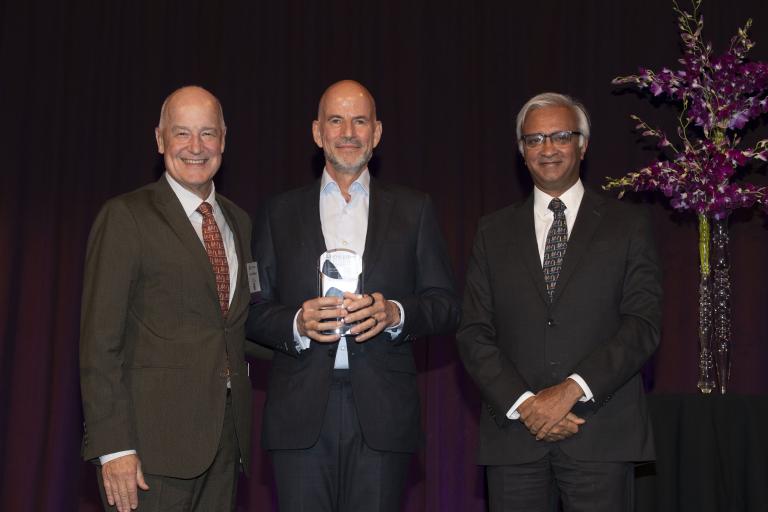 Andy Hamilton, Dietrich Becker (MBA ’91), and Raghu Sundaram pose at the Haskins Giving Society Award Dinner