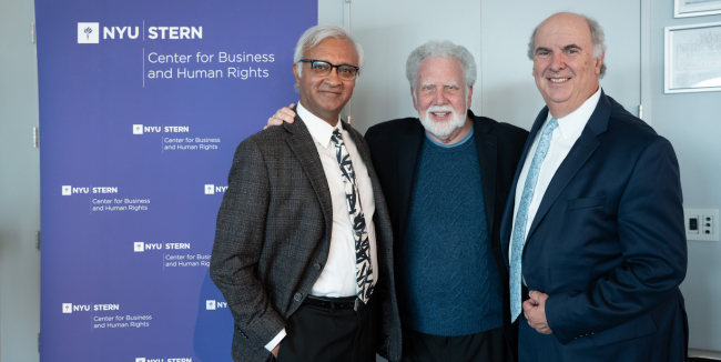 NYU Stern Dean Raghu Sundaram (left), along with NYU President Emeritus John Sexton (center), who delivered remarks, and Professor Bruce Buchanan (right)