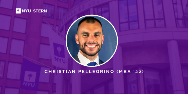 A headshot of Christian Pellegrino (MBA ’22) on a violet background