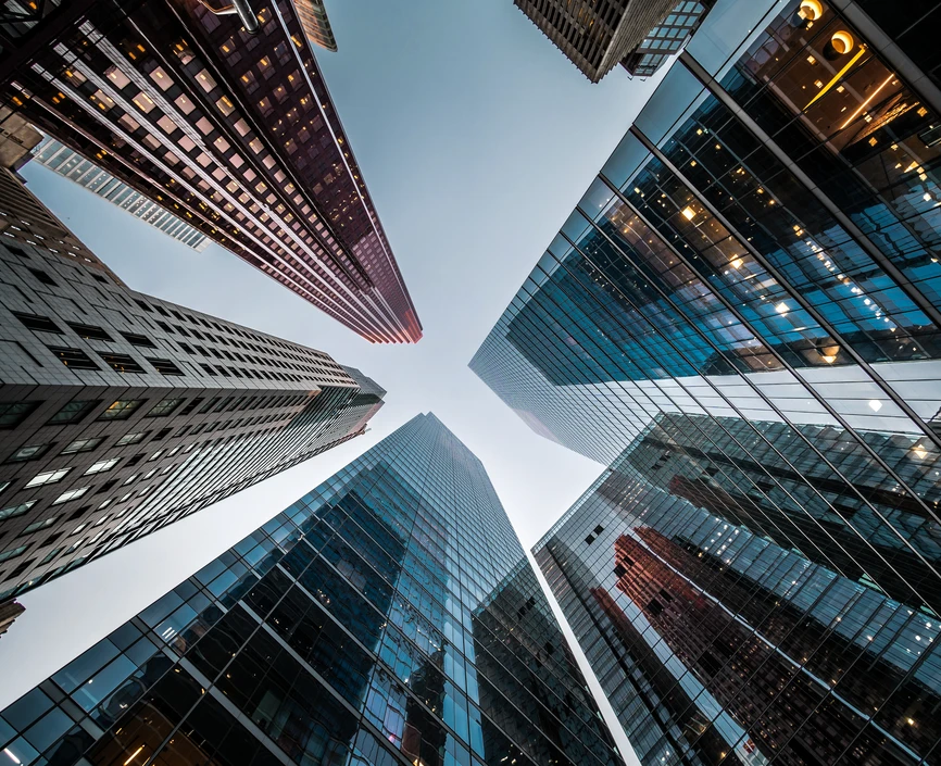 Looking up at high rise office buildings