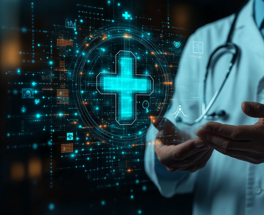 Health graphics next to doctor