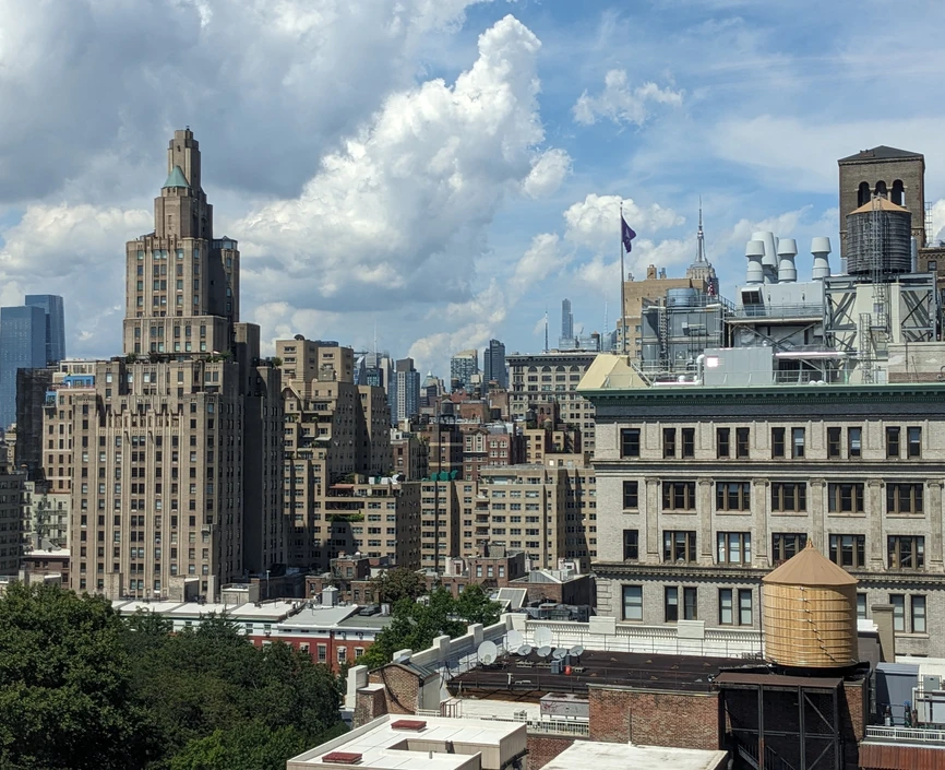A view from the window of NYU Stern's Kaufmann Management Center on a partly cloudy day