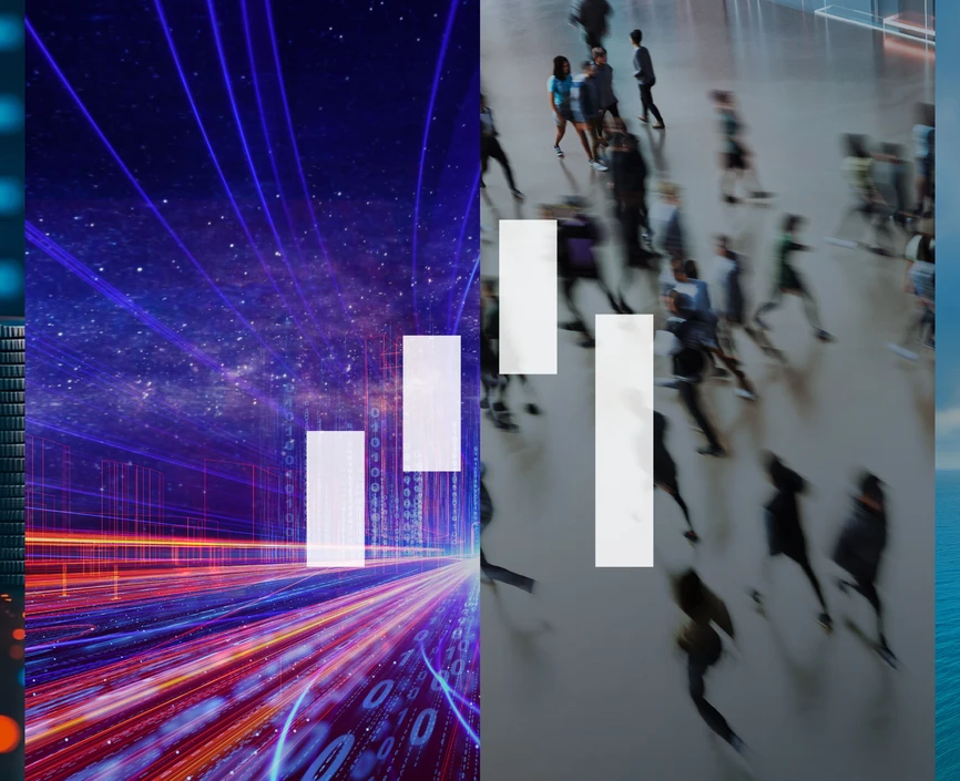 Header for the DHL Globalization Tracker, featuring four panels: (1) a stack of coins, (2) a futuristic scene with 1s and 0s, (3) a blurry crowd of people, (4) a large carrier ship with an airplane overhead