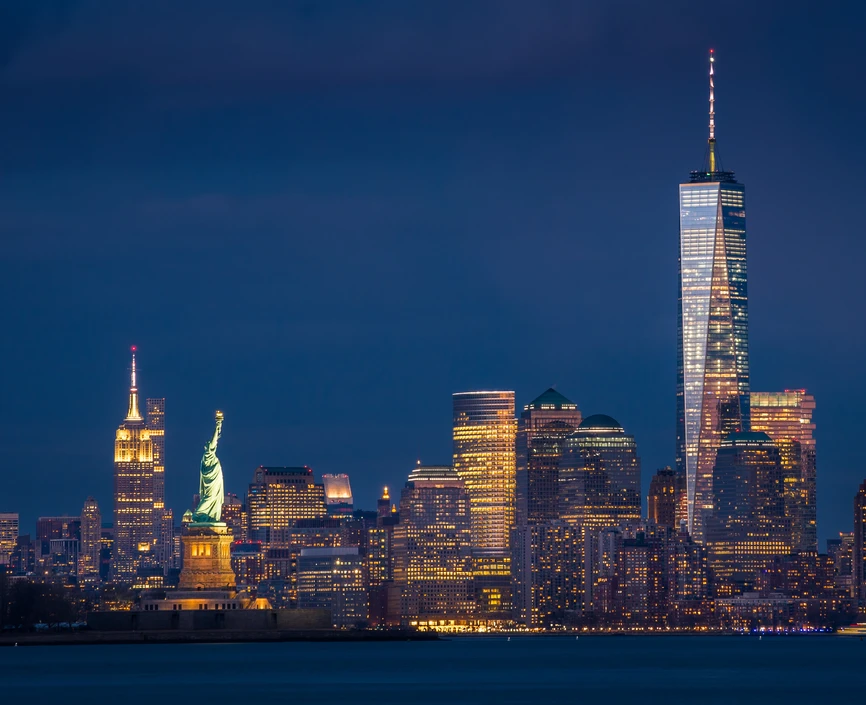 The NYC skyline at night.