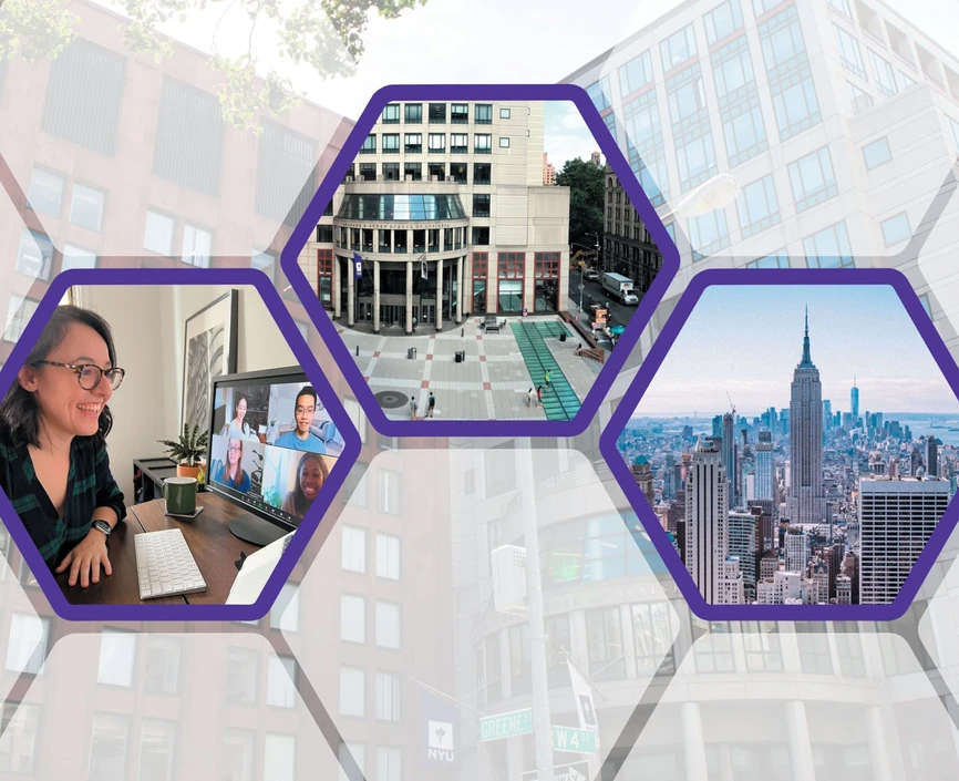 Images of students, NYU building, and New York City