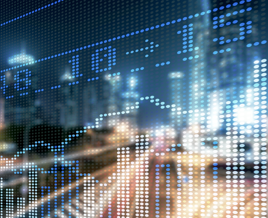 Analytics concept overlaid on a city background