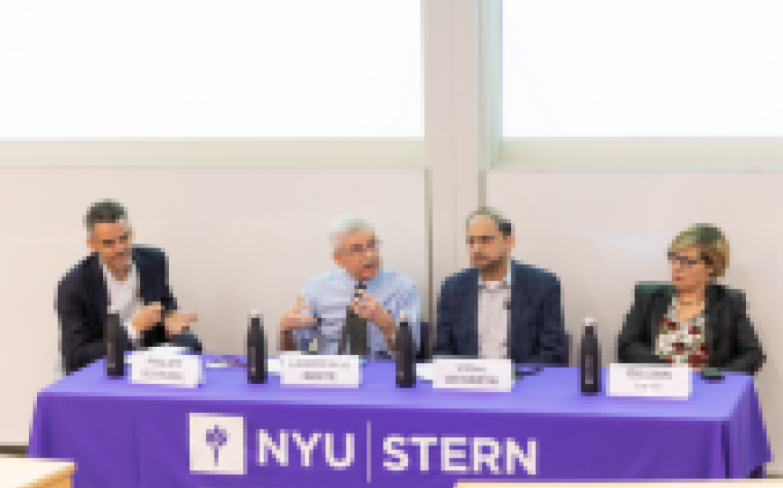 (l-r Professor Philipp Schnabl, Professor Lawrence J. White, Professor Viral Acharya, Gillian Tett, Chair of the Editorial Board and Editor-at-Large, US, Financial Times; Provost-designate of King's College, Cambridge)