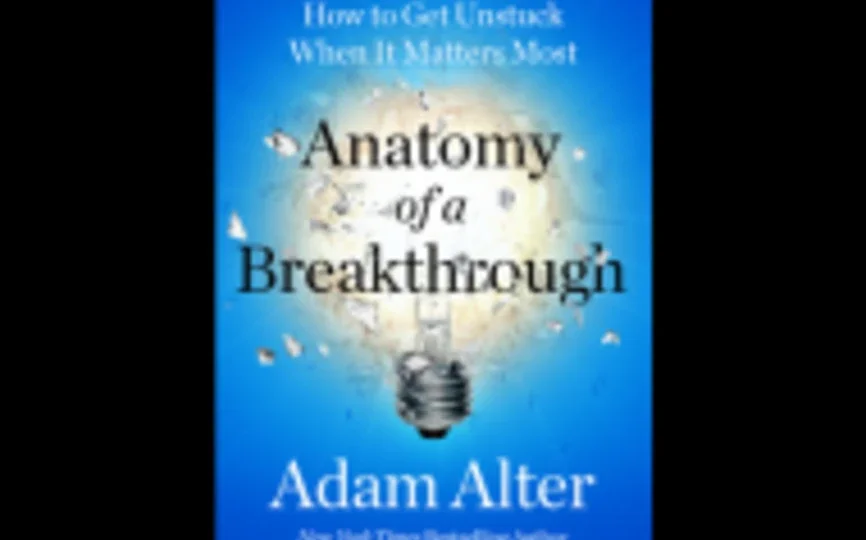 anatomy of a breakthrough book cover, black text on bright blue background with lightbulb in center
