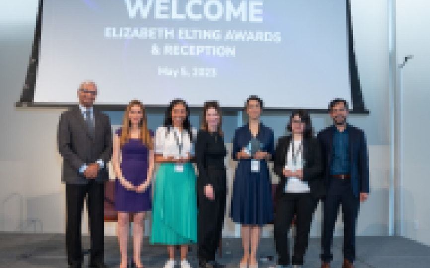 From left to right: Dean Raghu Sundaram, Elizabeth Elting (MBA ’92), Vanessa Rissetto (Culina Health), President-Designate Linda Mills, Aileen Mastouri (RevivBio), Massa Shoura (Phinomics), and EFL Founding Director Professor Deepak Hegde