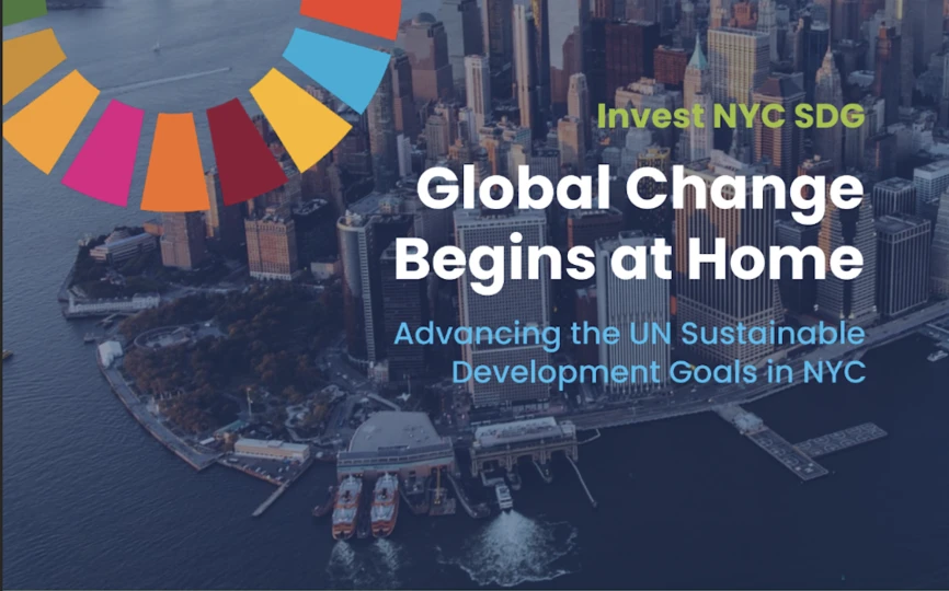 Overhead view of Manhattan with UN SDG logo