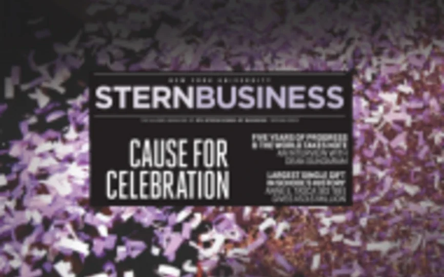 A cover of the new Stern Business magazine in front of a confetti photo.