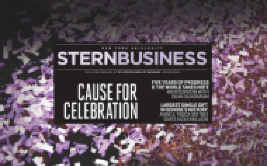 A cover of the new Stern Business magazine in front of a confetti photo.