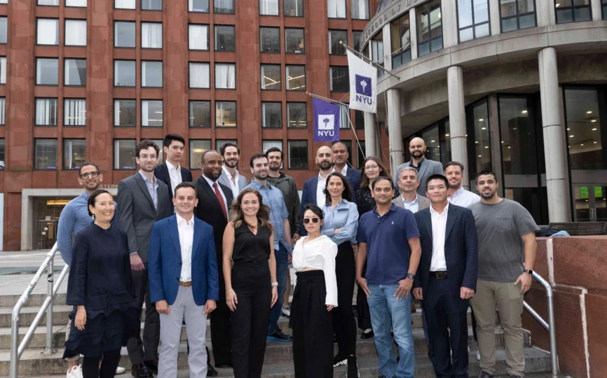 The inaugural cohort of Stern’s new Master of Science in Fintech program arrived on campus and are pictured here in front of KMC