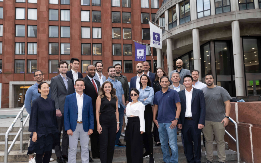 The inaugural cohort of Stern’s new Master of Science in Fintech program arrived on campus and are pictured here in front of KMC