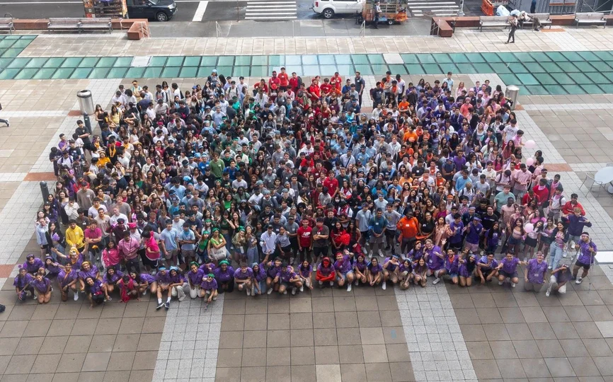 A photo of a group of students on Gould Plaza during the Undergraduate College's New Student Orientation