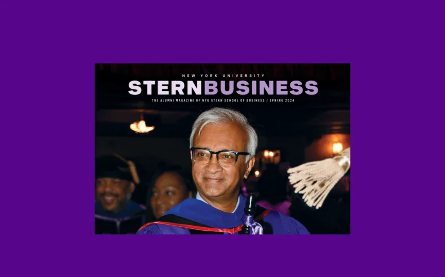 A photo of the latest cover of the Stern Business magazine, with a photo of Dean Raghu Sundaram. It is on top of a purple background. 