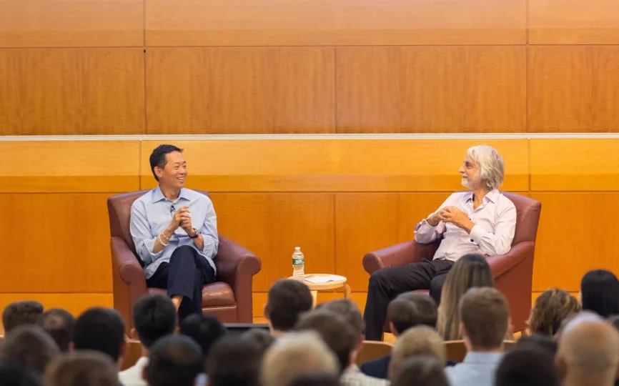 NYU Board of Trustees Member and Stern Executive Board Member David Ko (BS ’93), CEO and Board Member of Calm, and Professor Vasant Dhar talking as a part of LAUNCH