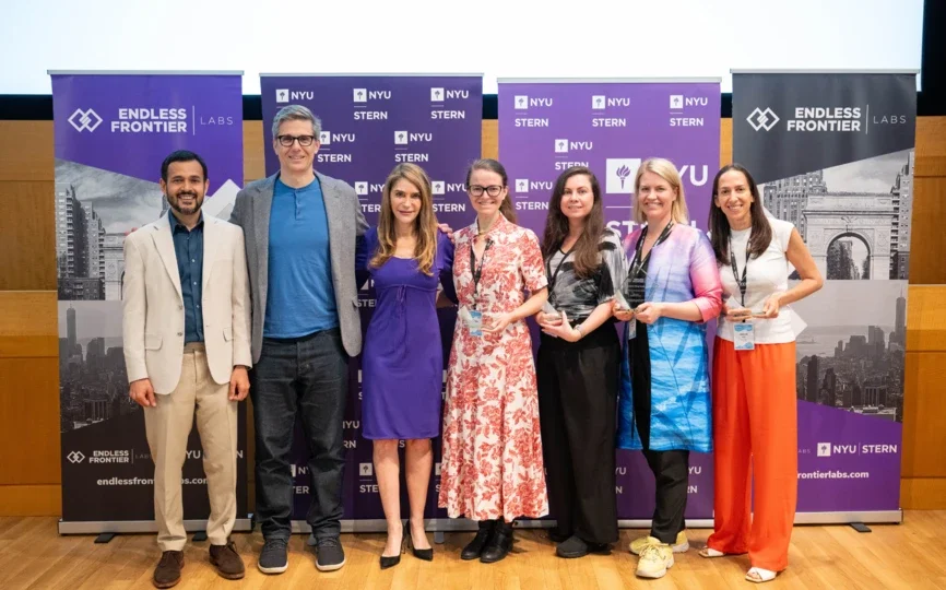 Left to right: Endless Frontier Labs Founding Director Deepak Hegde, Interim Dean J.P. Eggers,  Elizabeth Elting (MBA ‘92), Capella Kerst of geCKo Materials, Maria Soloveychik of SyntheX, Martina Kingvall of Telness Tech, and Moran Snir of Nest Genomics
