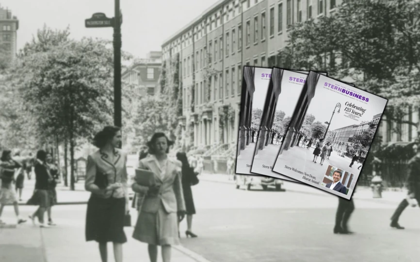 Black and white image shows two women walking down the street at NYU and the three copies of Stern Business