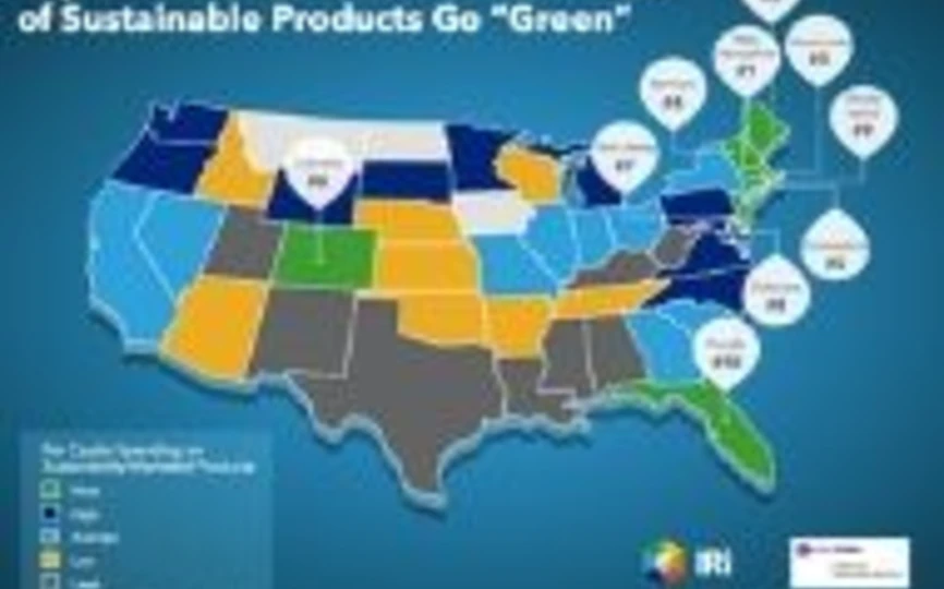 Top 10 states for consumer purchases of sustainable products heat map