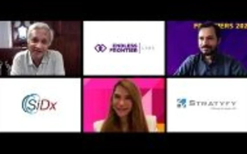 Graphic with Raghu Sundaram, Elizabeth Elting, Deepak Hegde, SiDx logo, Endless Frontier Labs logo and Stratyfy logo