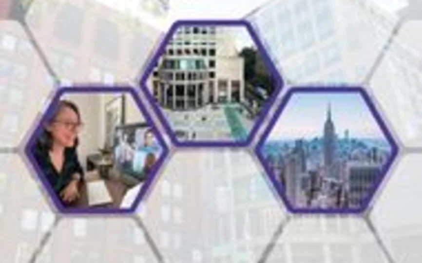 Graphic of woman on computer, NYU Stern exterior and NYC skyline