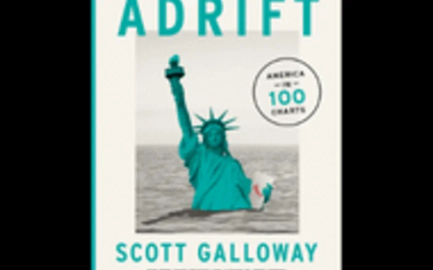 book cover of adrift: america in 100 charts. the statue of liberty is seen half sunk into an endless ocean