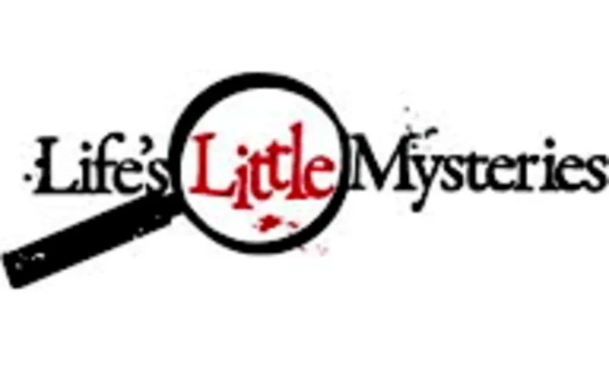 words "life's little mysteries" in black and red font, with a magnifying glass over the word "little"