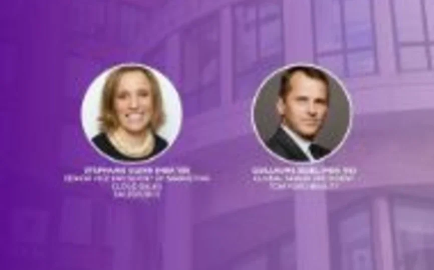 A purple graphic includes pictures of Stephanie Glenn (MBA ‘09) and Guillaume Jesel (MBA ‘98)