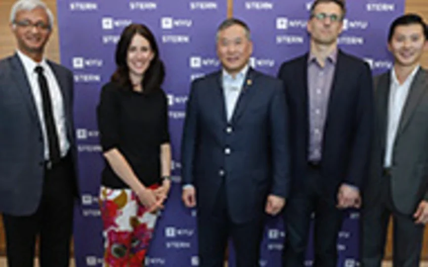 NYU Stern Dean Raghu Sundaram; Michelle Peluso, SVP & Chief Marketing Officer, IBM, and Stern Tech MBA Advisory Board Member; Andre Koo (MBA ‘94), Chairman, Chailease Group, and Stern Tech MBA Advisory Board Member; JP Eggers, Academic Director of Stern’s Andre Koo Technology & Entrepreneurship MBA program; Andre Koo, Jr. (BS ‘18)