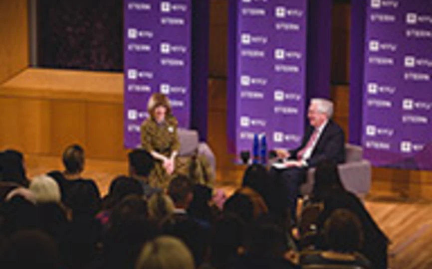 Anna Wintour (left) in conversation with Lord Mervyn King (right)
