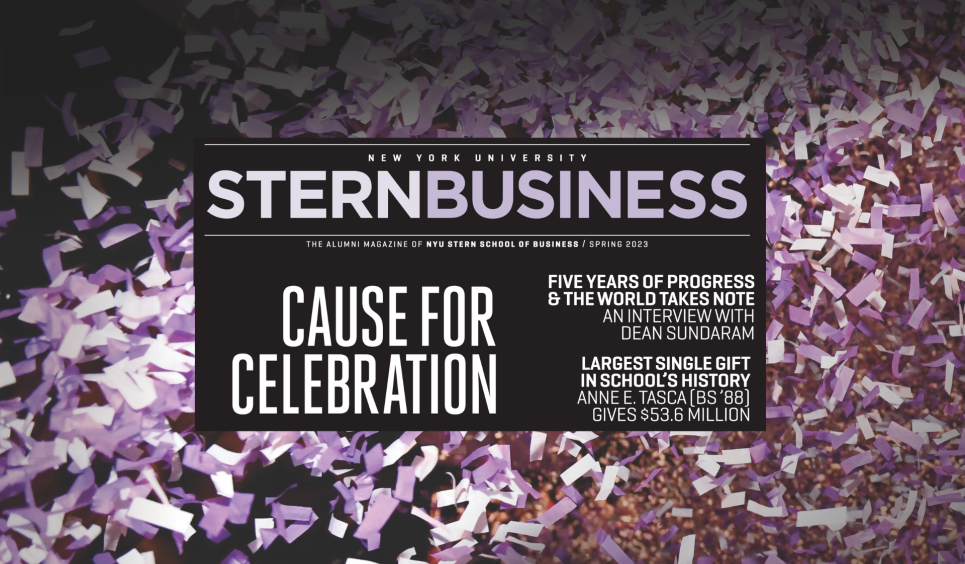 A picture of confetti in the background, with the masthead for Stern Business in front as well as "cause for celebration" and two text blurbs previewing stories. 