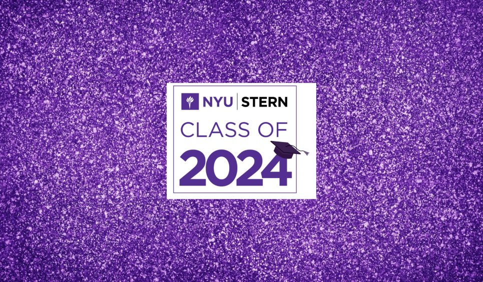 A photo of a violet glitter background and a seal that says "NYU Stern Class of 2024."