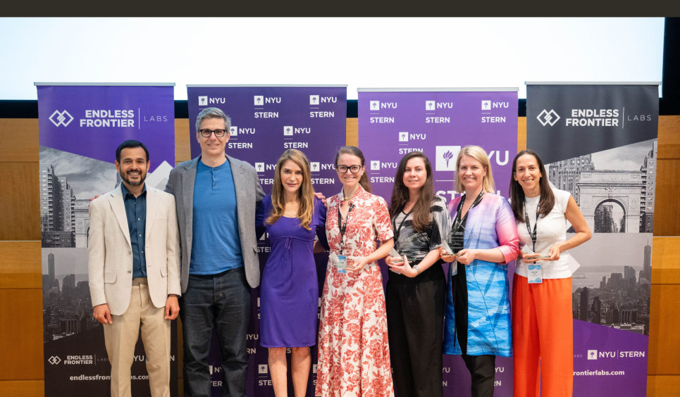Left to right: Endless Frontier Labs Founding Director Deepak Hegde, Interim Dean J.P. Eggers, Elizabeth Elting (MBA ‘92), Capella Kerst of geCKo Materials, Maria Soloveychik of SyntheX, Martina Kingvall of Telness Tech, and Moran Snir of Nest Genomics