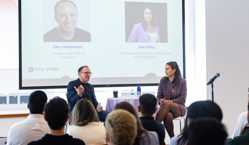 Gary Hoberman, Founder and CEO, Unqork Inc., spoke with Liat Lisha (MBA ’23), Co-founder and CPO, Shift Security, as part of orientation for Stern’s Andre Koo Technology and Entrepreneurship MBA.