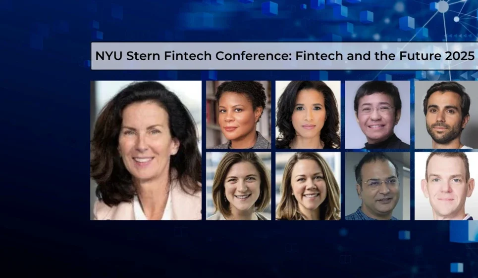 Fintech Conference speakers headshots over blockchain image