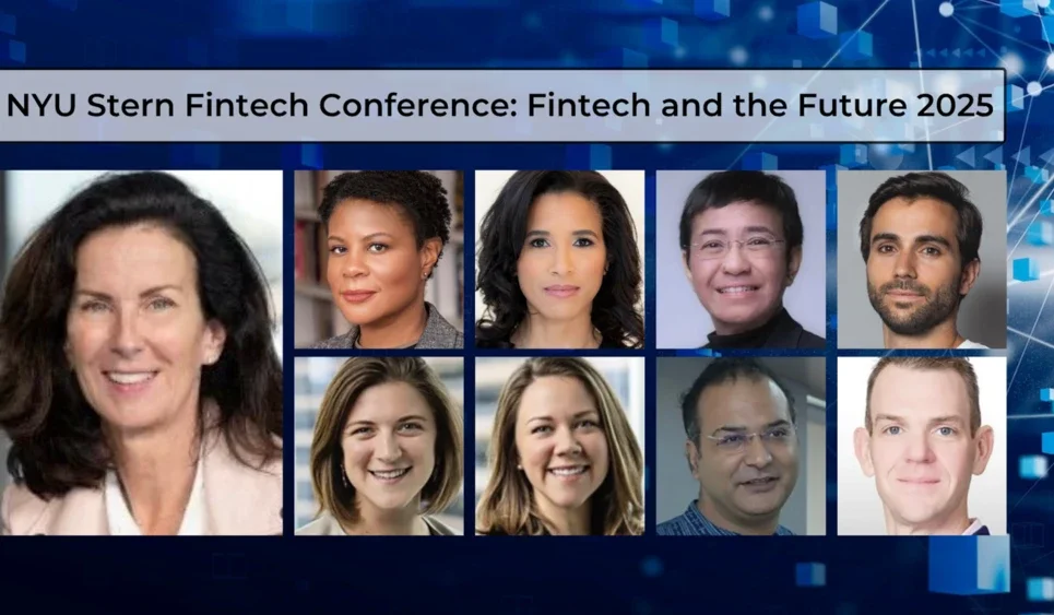 Fintech Conference speakers headshots over blockchain image