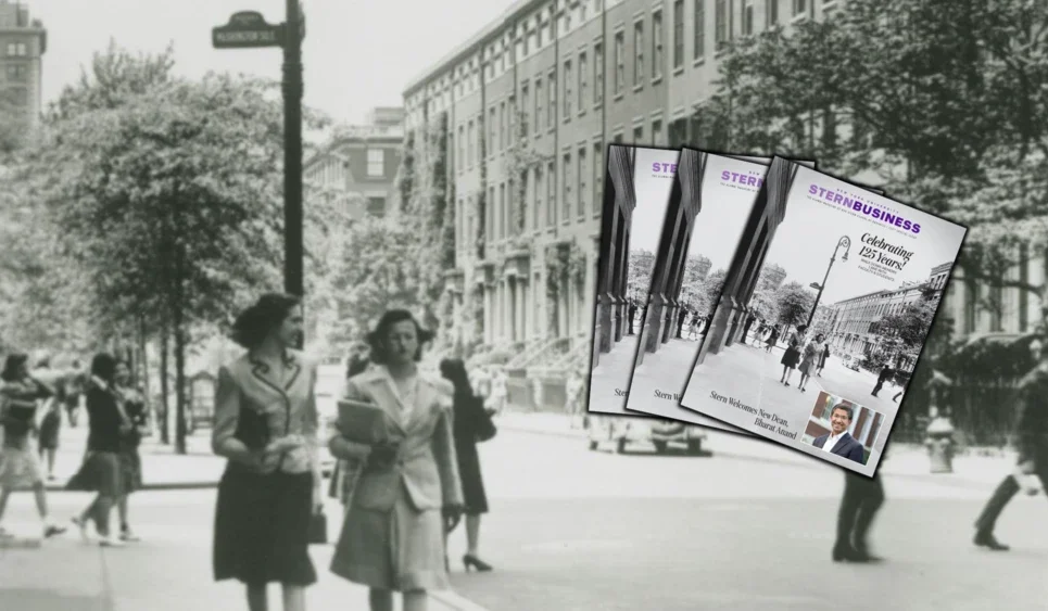 Black and white image shows two women walking down the street at NYU and the three copies of Stern Business