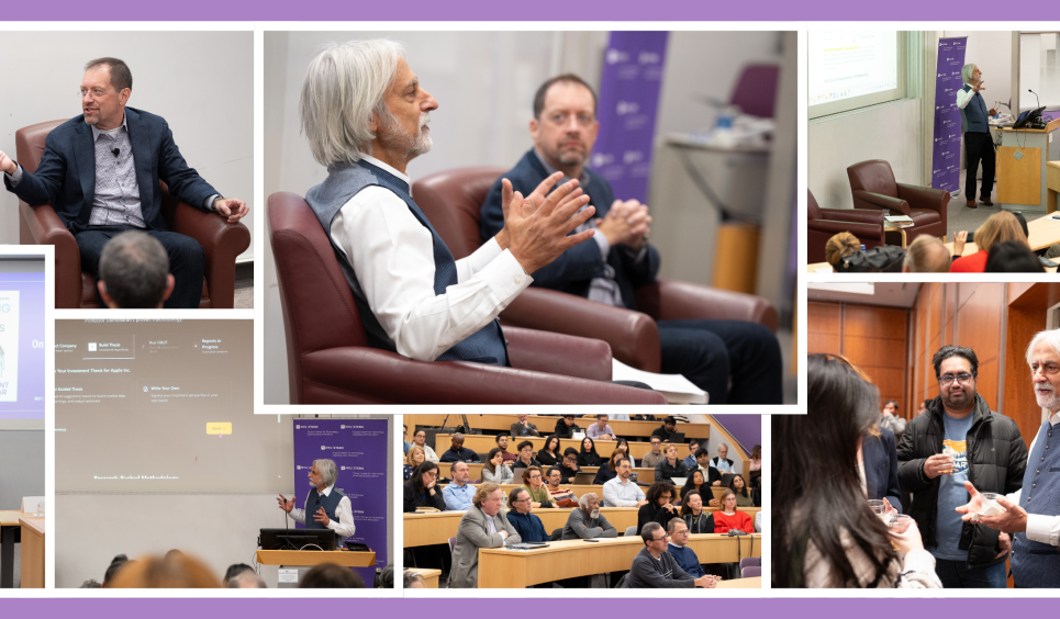 several photos of Vasant and Foster speaking to the audience