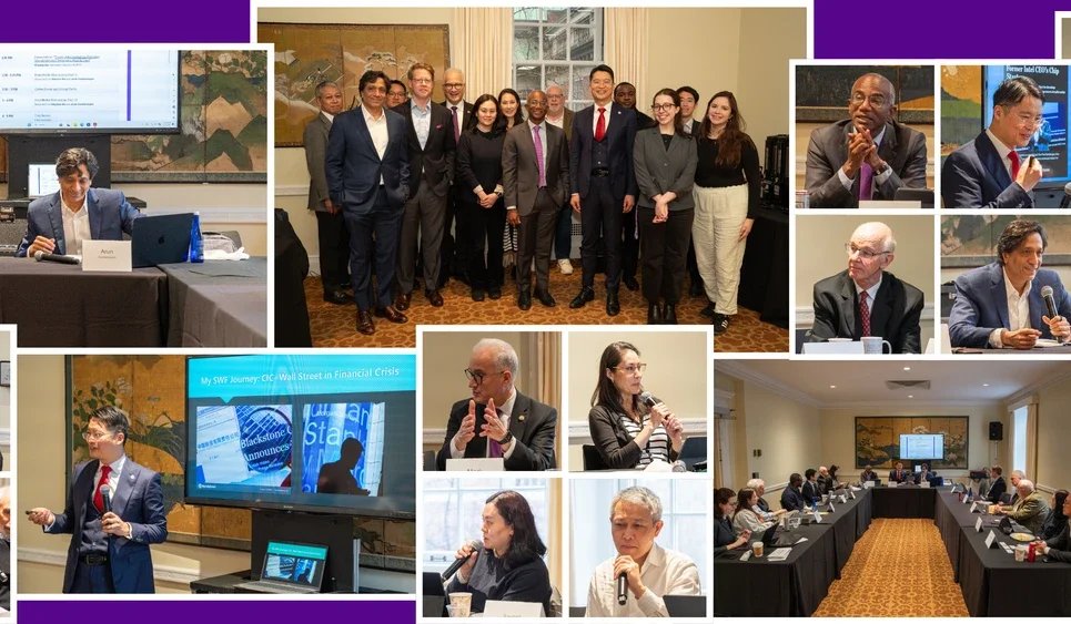 multiple images of event attendees speaking and mingling